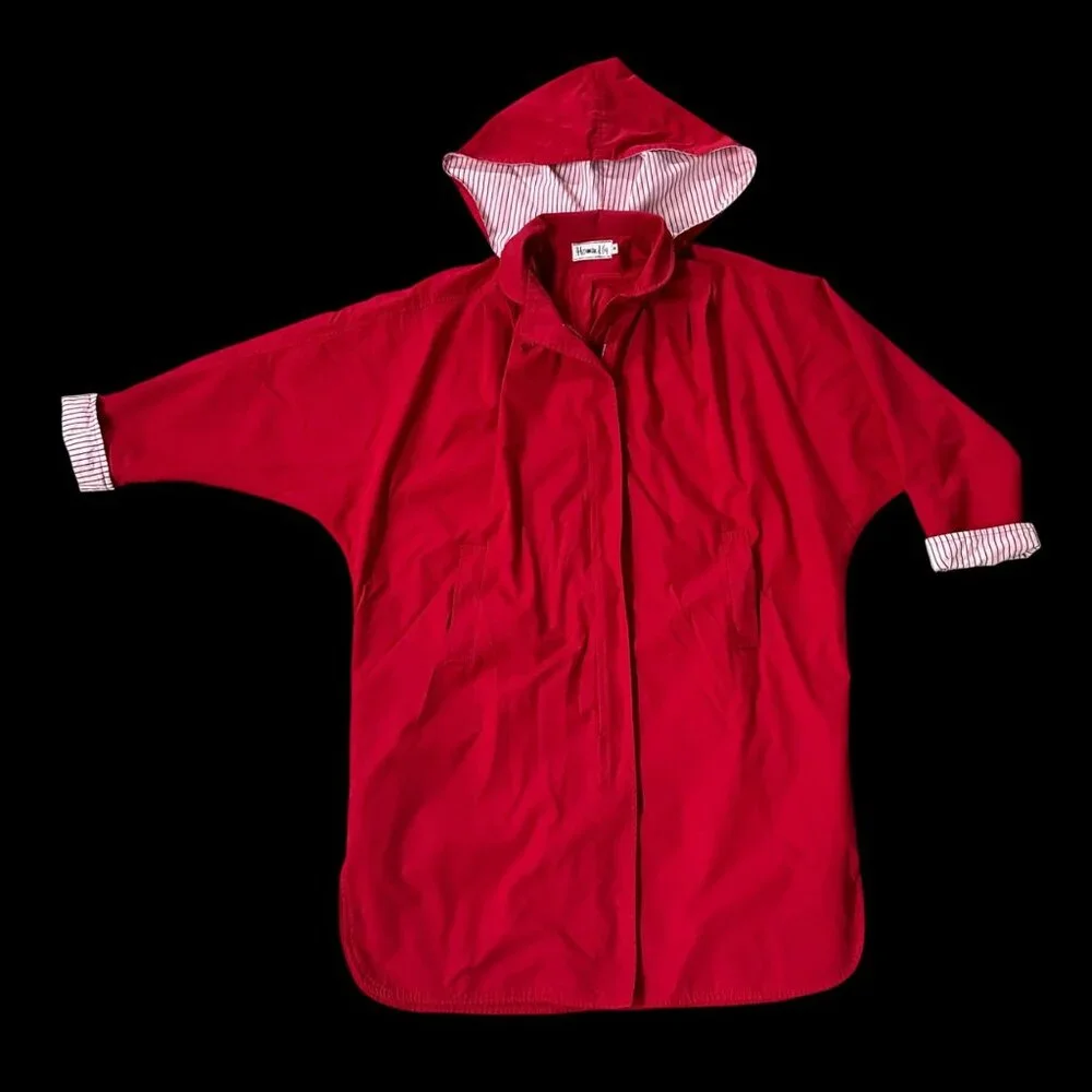Vintage Jacket Small Herman Kay Red Detachable Hooded Stripes Long Retro 1980s - Picture 2 of 10